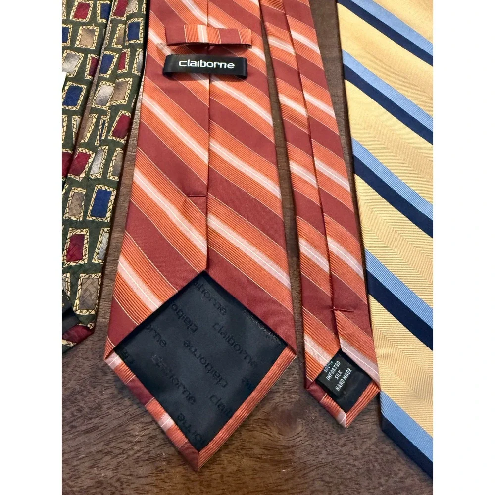 THREE Claiborne Hilfiger Woodward Earth Tone Brown Gold Ties Stripes Squares